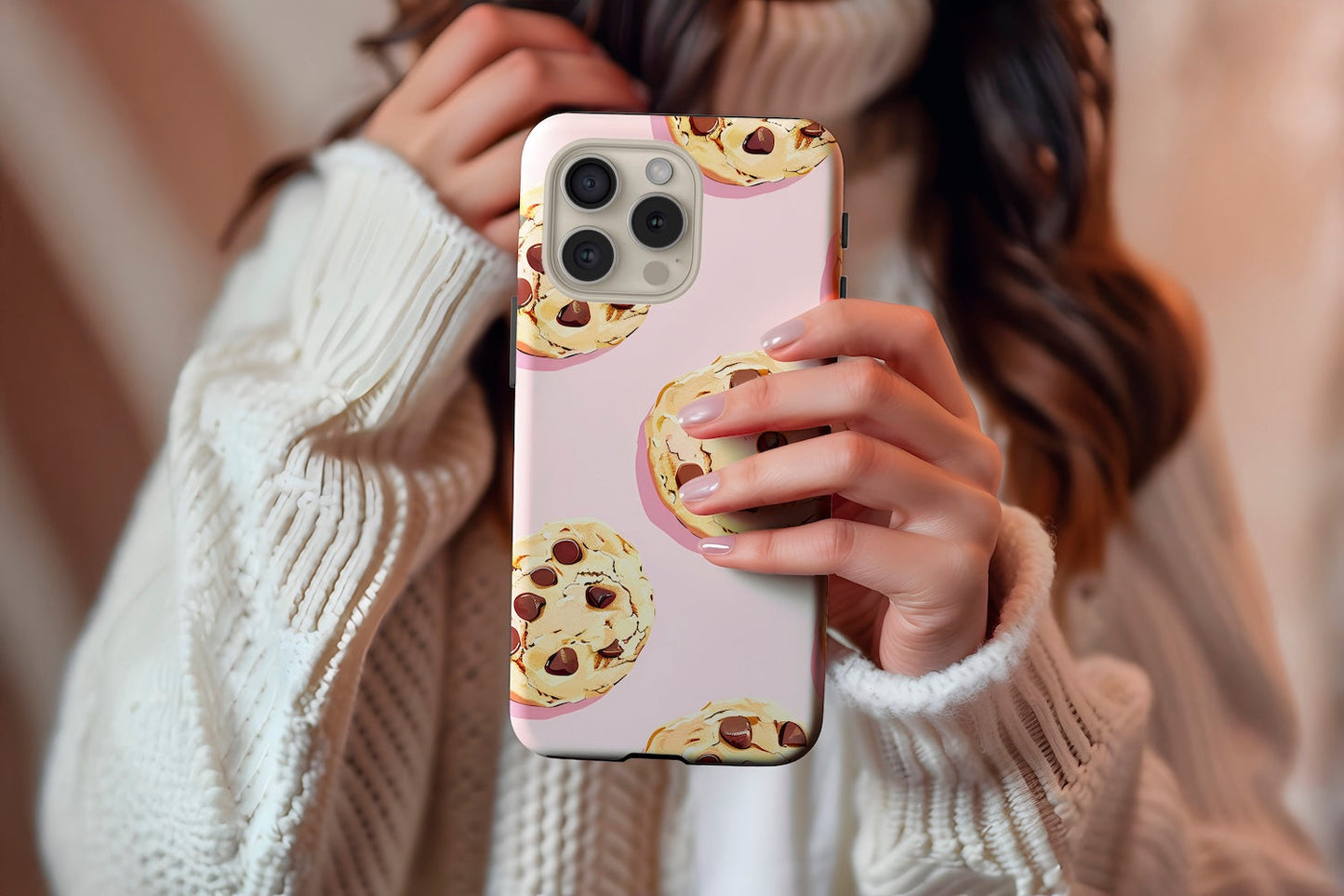 A cute girl holding our Cookies design phone case