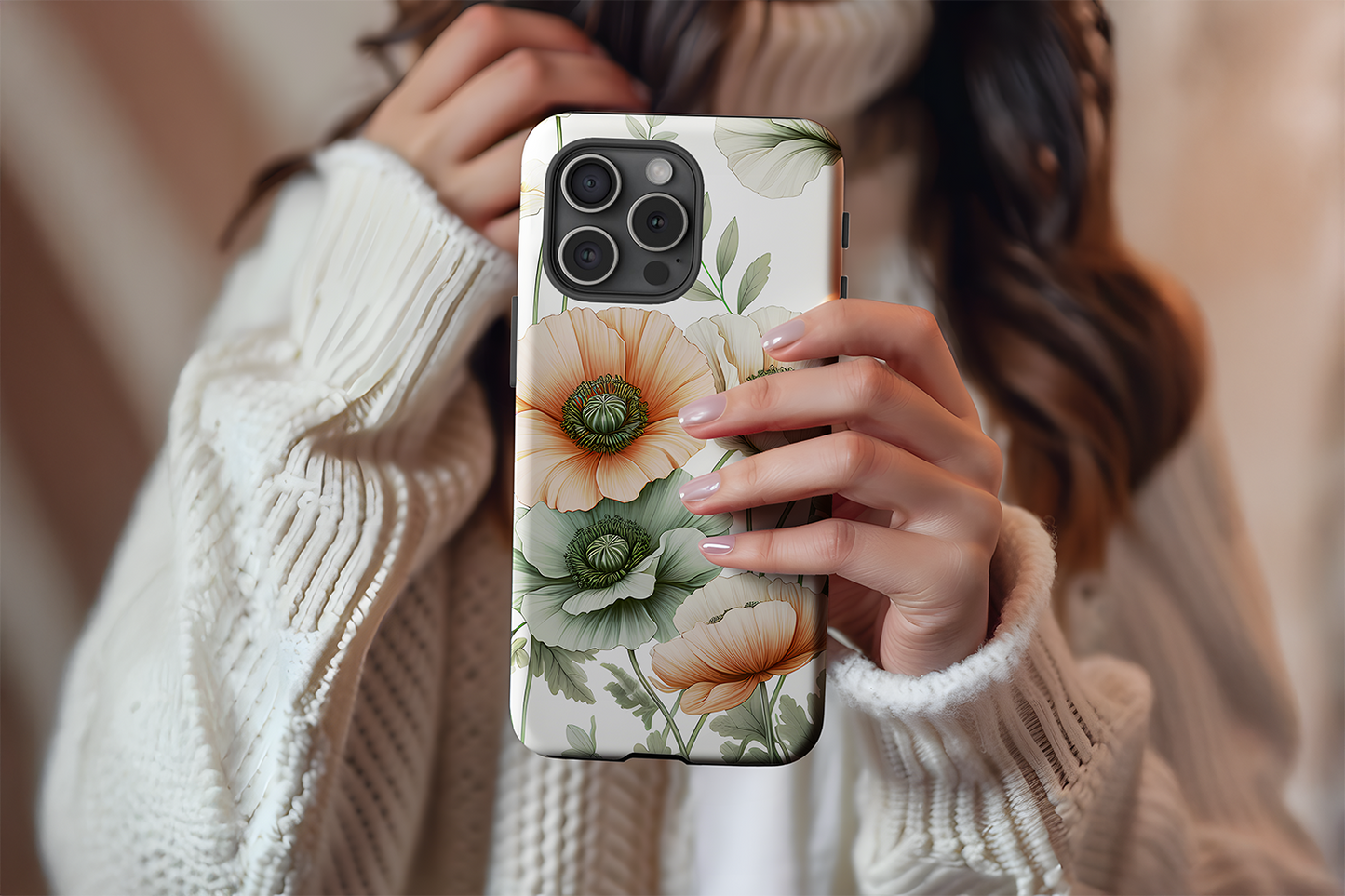 A cute girl holding our Poppy design phone case