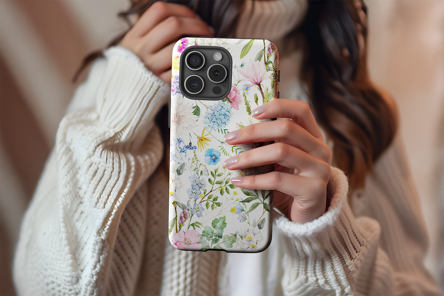 A cute girl holding our Spring design phone case