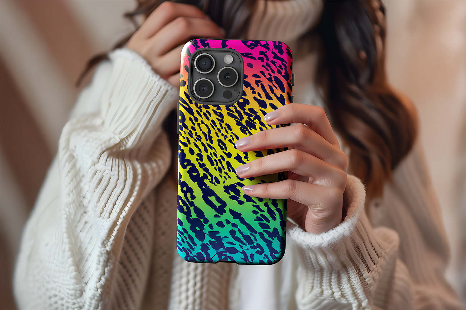 A cute girl holding our Party Animal design phone case