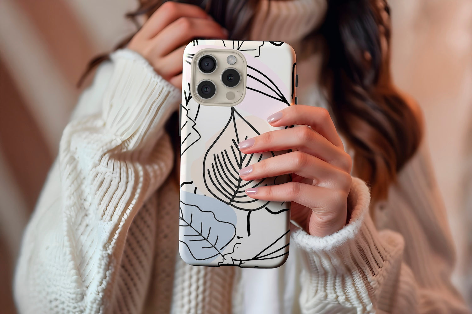 A cute girl holding our Abstract Leaves design phone case