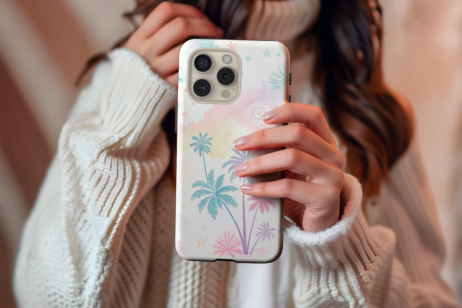 A cute girl holding our Abstract Palm design phone case