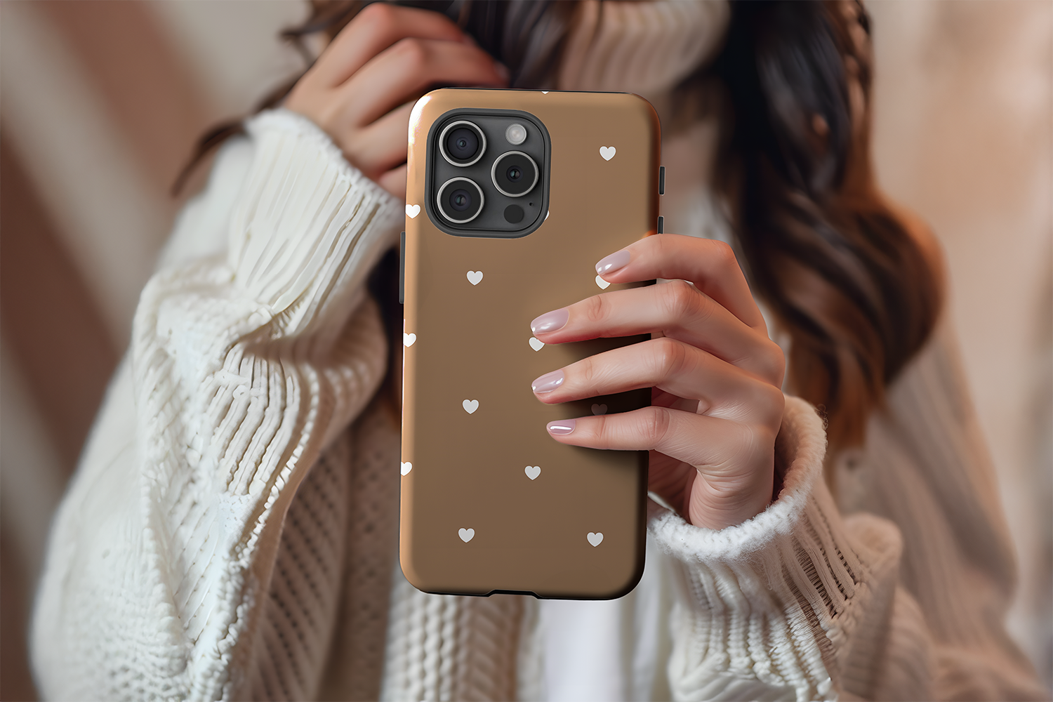 A cute girl holding our Chocolate Hearts design phone case