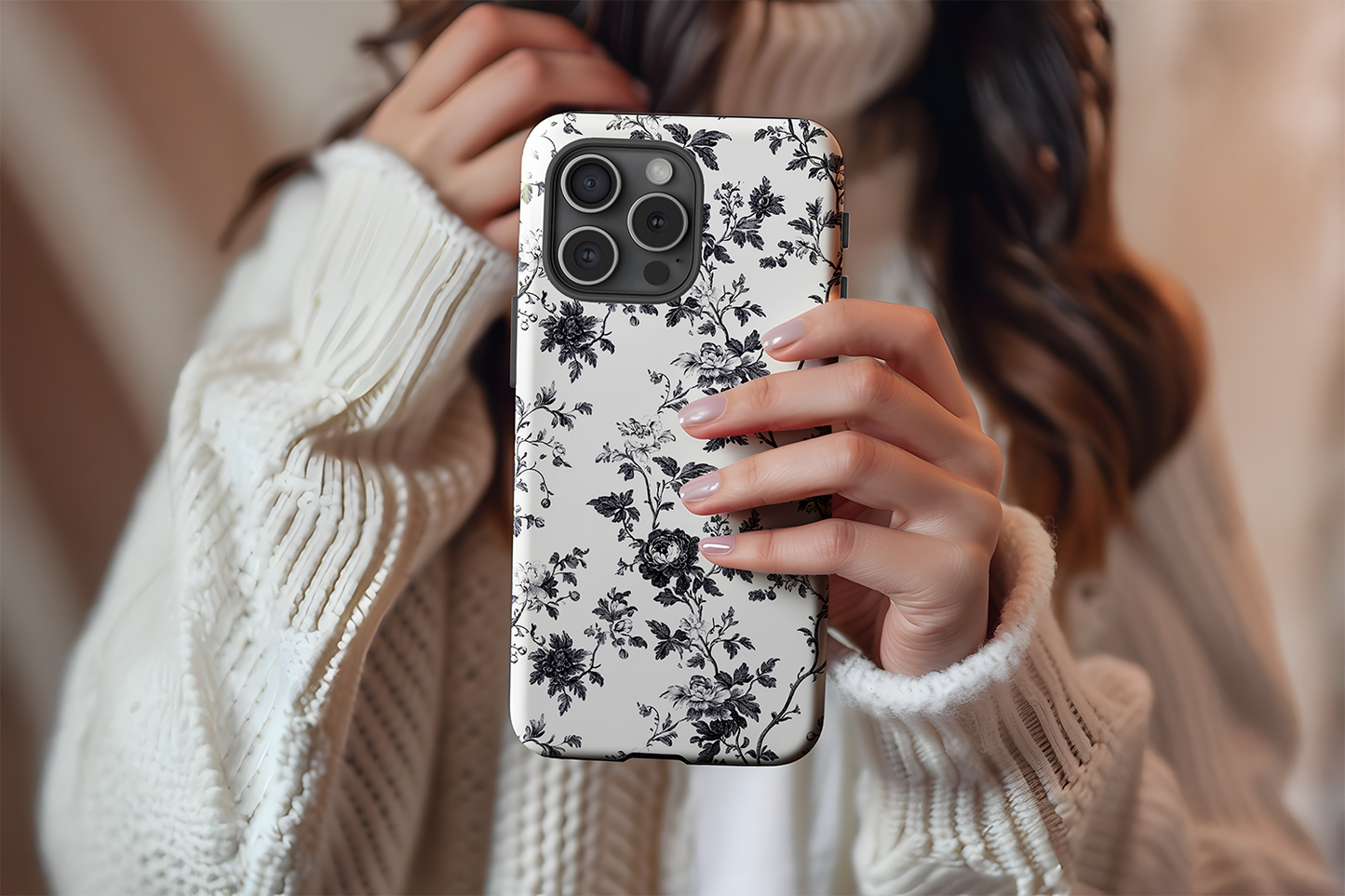 A cute girl holding our Dark Rose design phone case