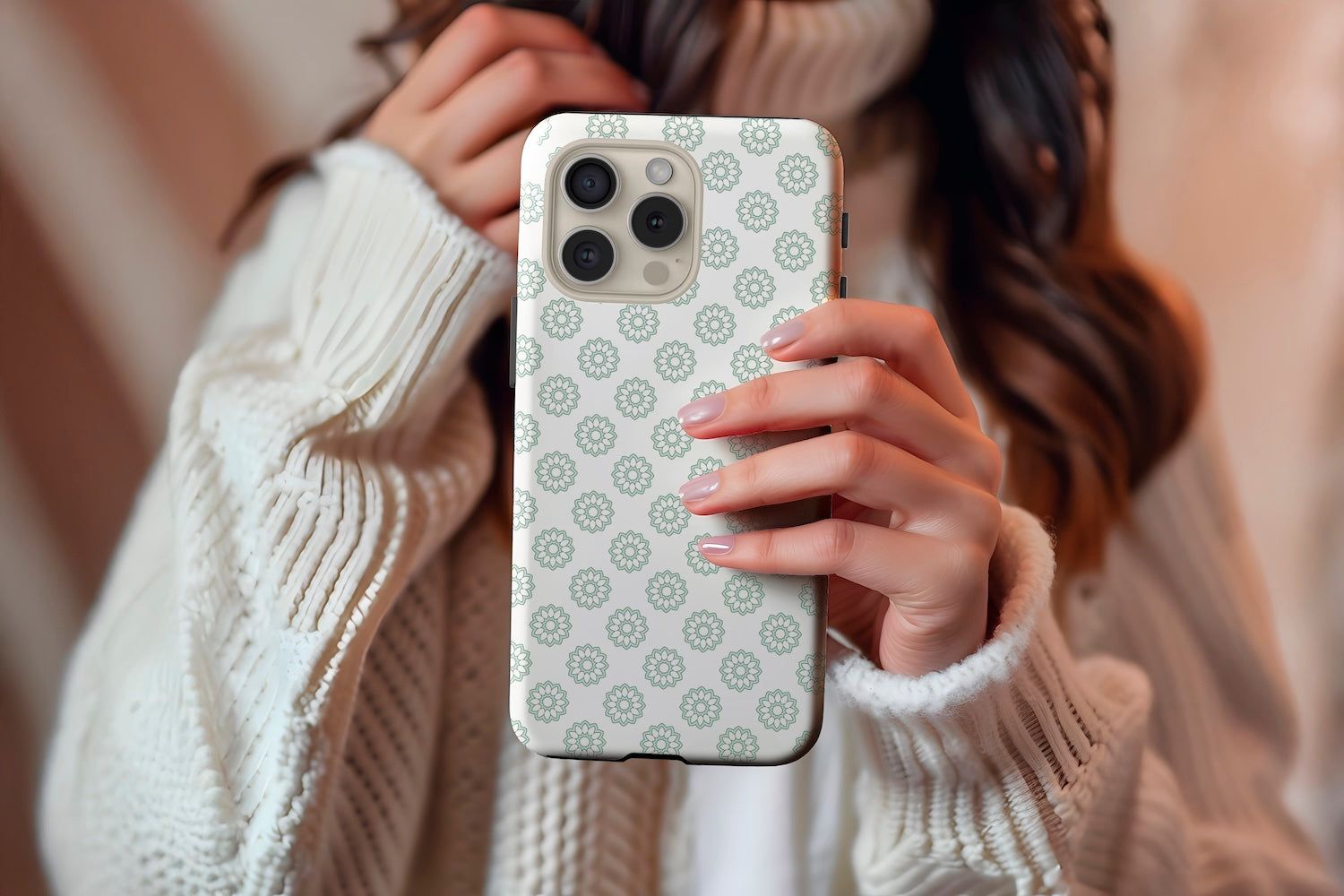 A cute girl holding our Green And Nude Floral design phone case
