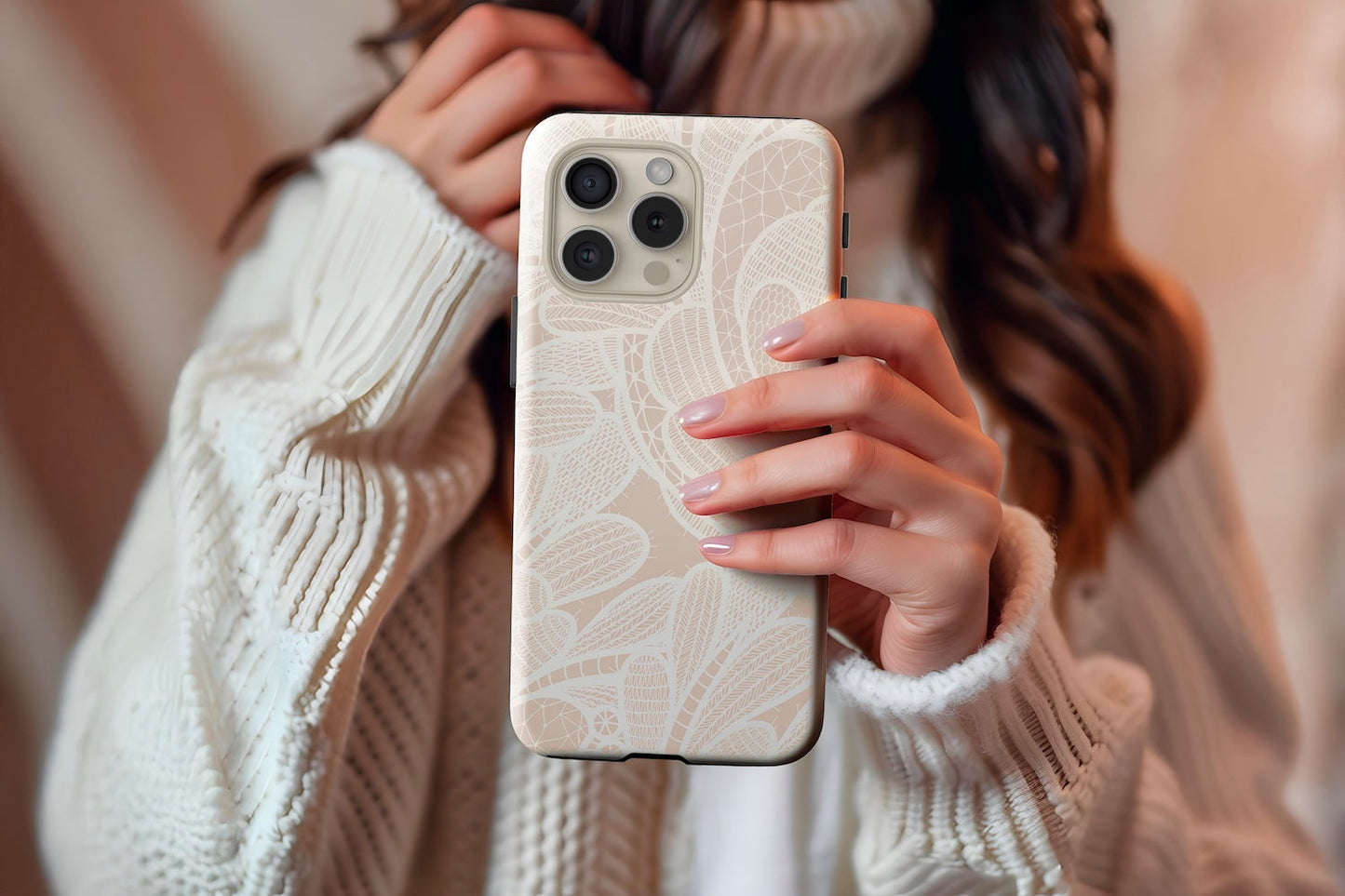 A cute girl holding our Nude Lace design phone case