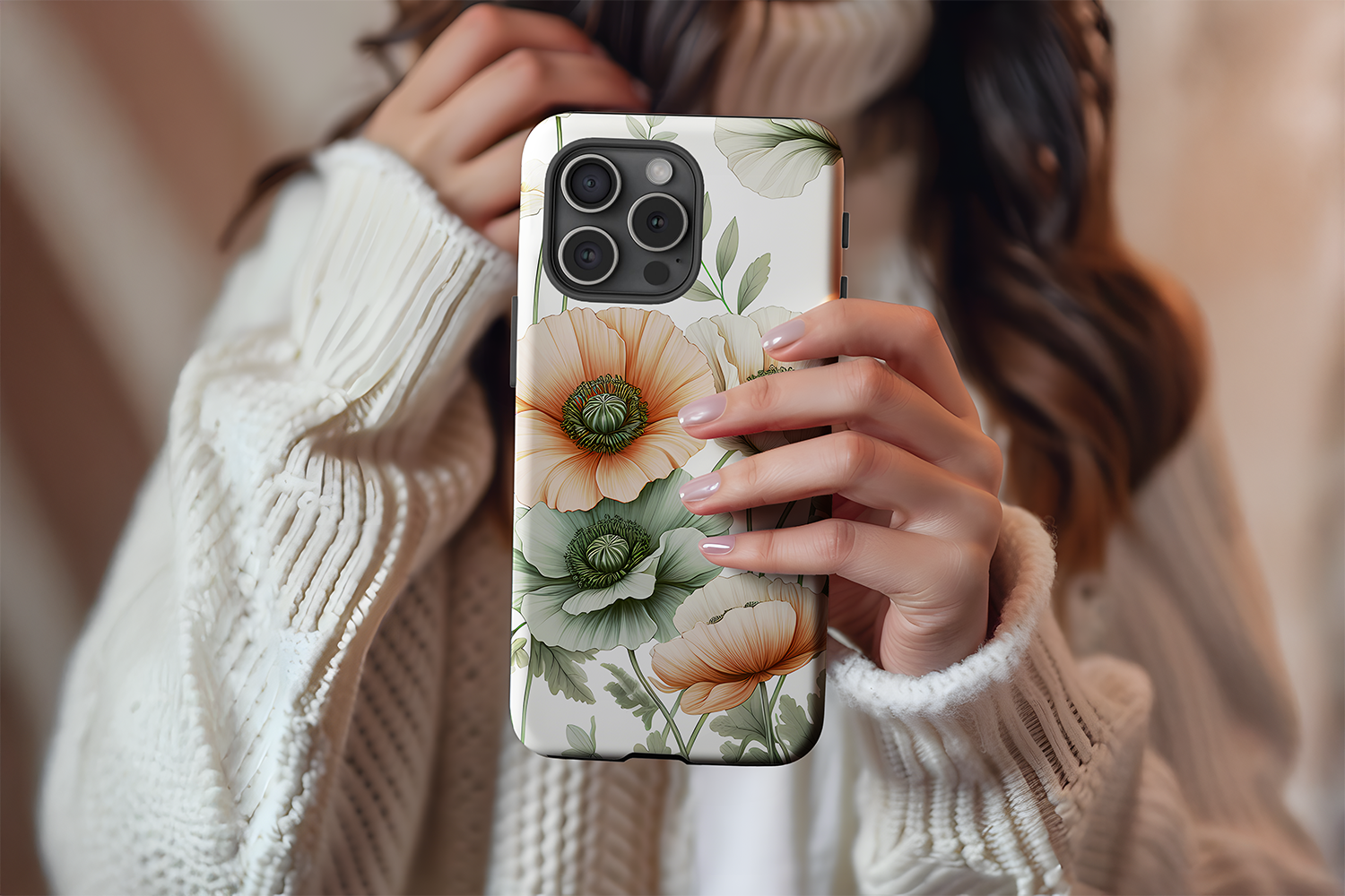 A cute girl holding our Poppy design phone case