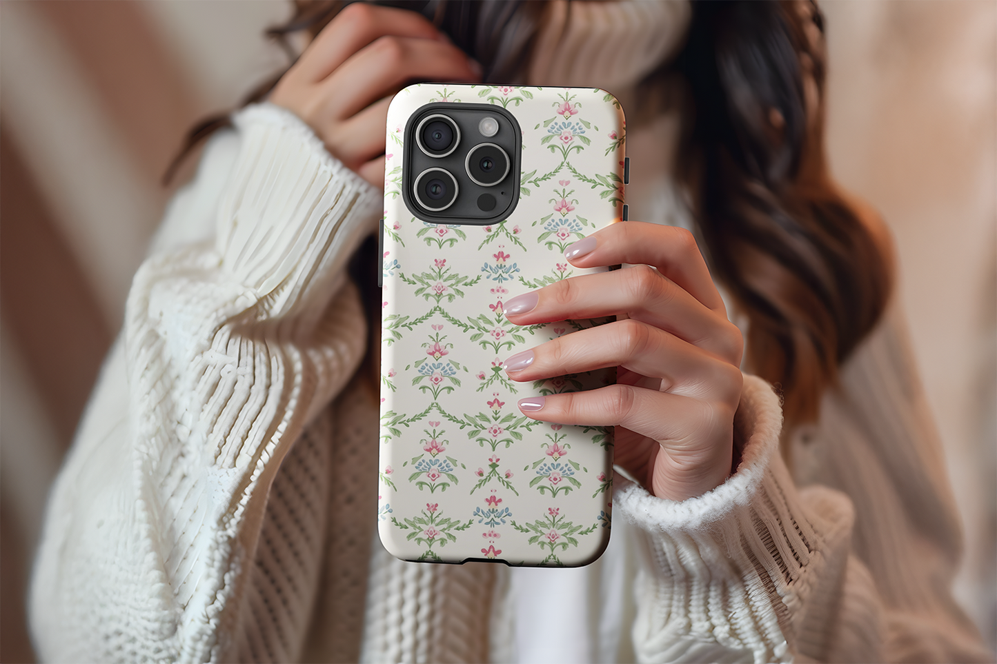 A cute girl holding our Vintage Wallpaper design phone case
